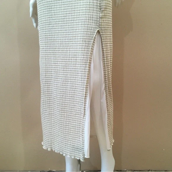 Aritzia Wilfred Verona Dress Beige White Gingham Seersucker Midi Slit Women L - Picture 7 of 7